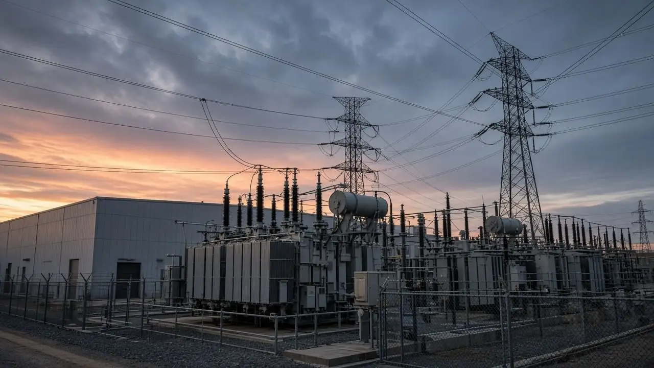 High-voltage lines and a transformer yard at dusk beside a flat industrial building, with no people or readable signs.