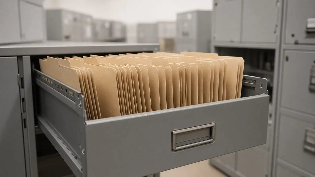 An open filing drawer of plain folders with the tabs turned away, in an empty archive room, with no people or readable labels.