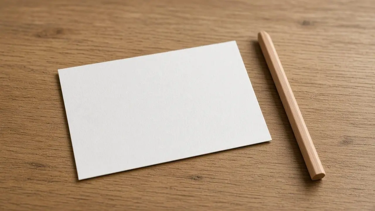A blank index card and a plain wooden pencil on an oak table, with no writing, people, or logos.