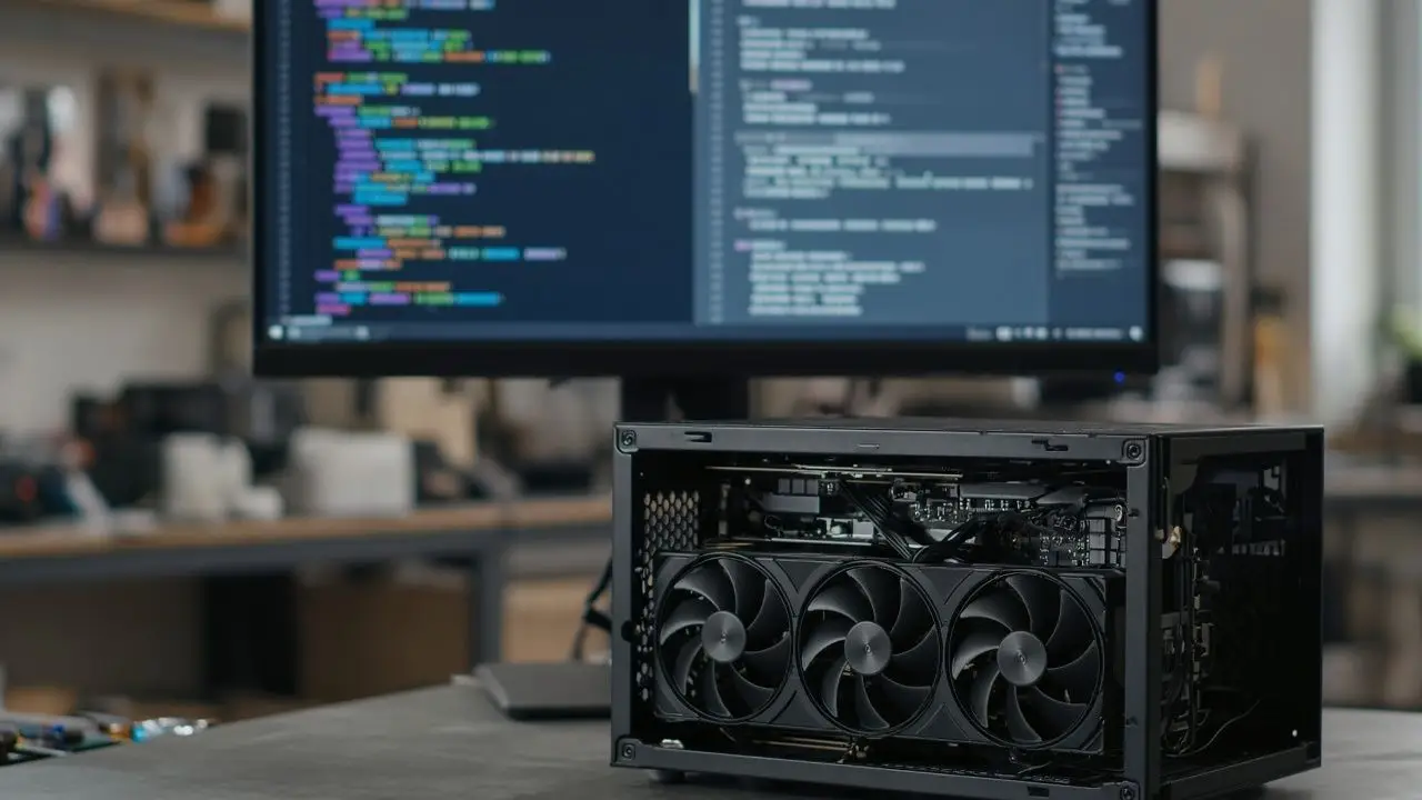 Two small code windows on a monitor, out of focus, above a GPU with its fans visible in a quiet lab.