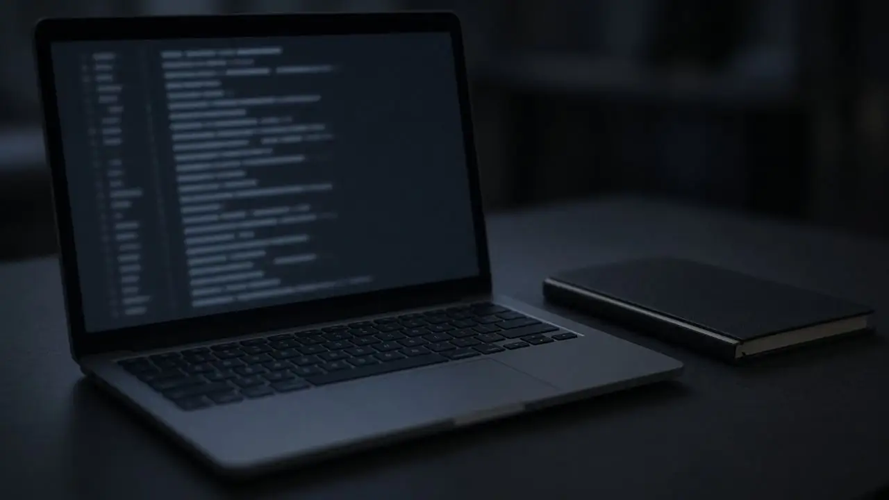 A laptop on a dark desk with a blurred log viewer and no readable text, next to a closed notebook and no person.