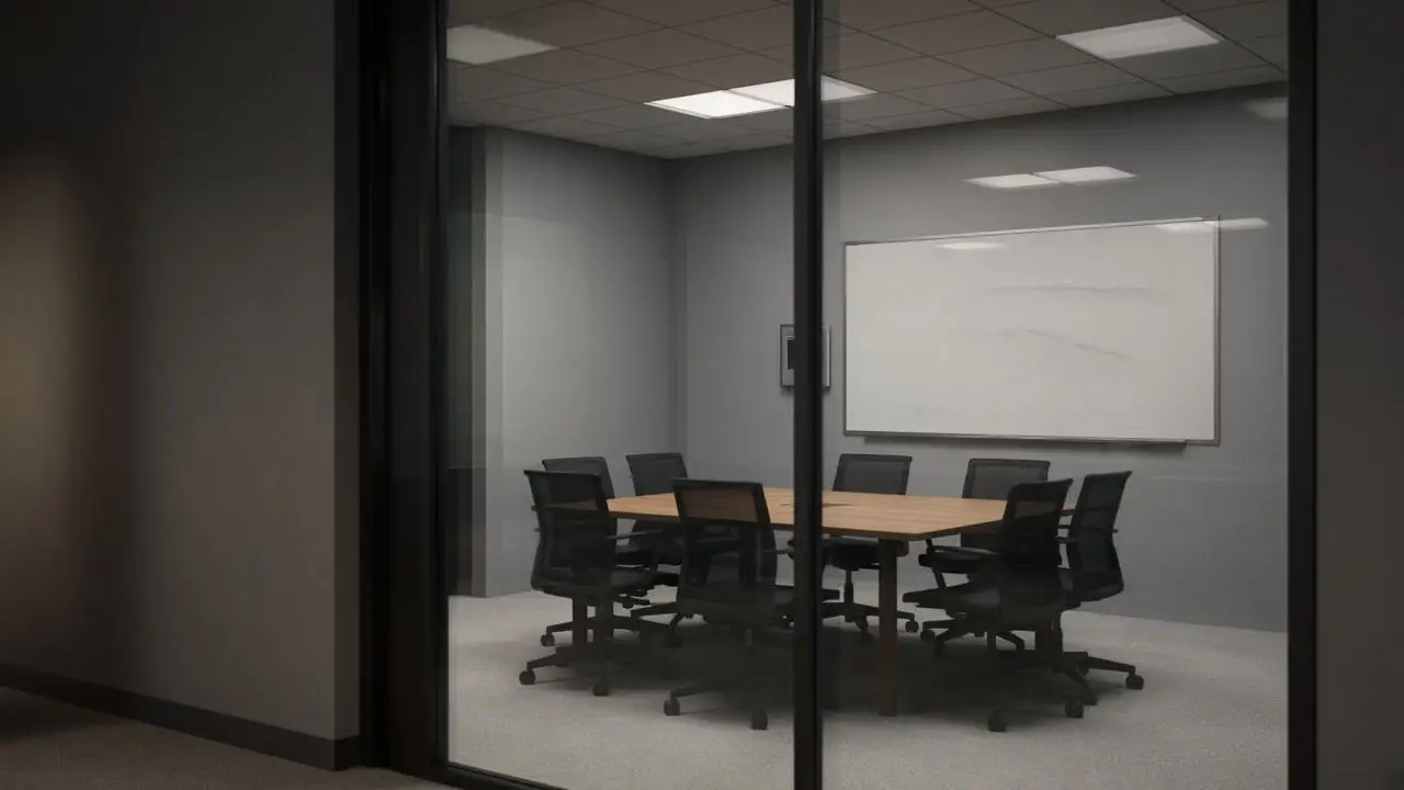 A glass-walled meeting room with empty chairs and a whiteboard that has been wiped clean, shot from the hallway.