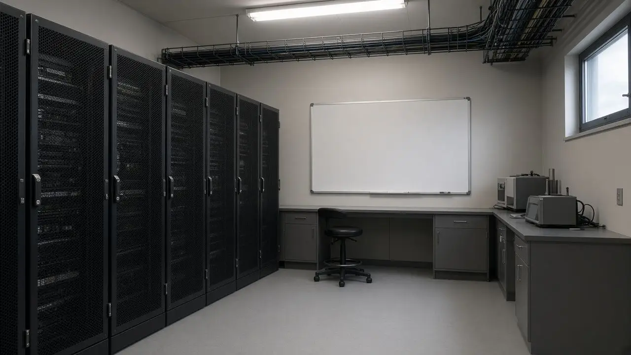 A research lab bench with locked equipment racks and a blank whiteboard, photographed with no people and no logos.