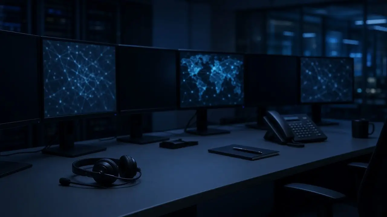 A network operations desk at night with several dark monitors and a headset on the table, and nobody seated.