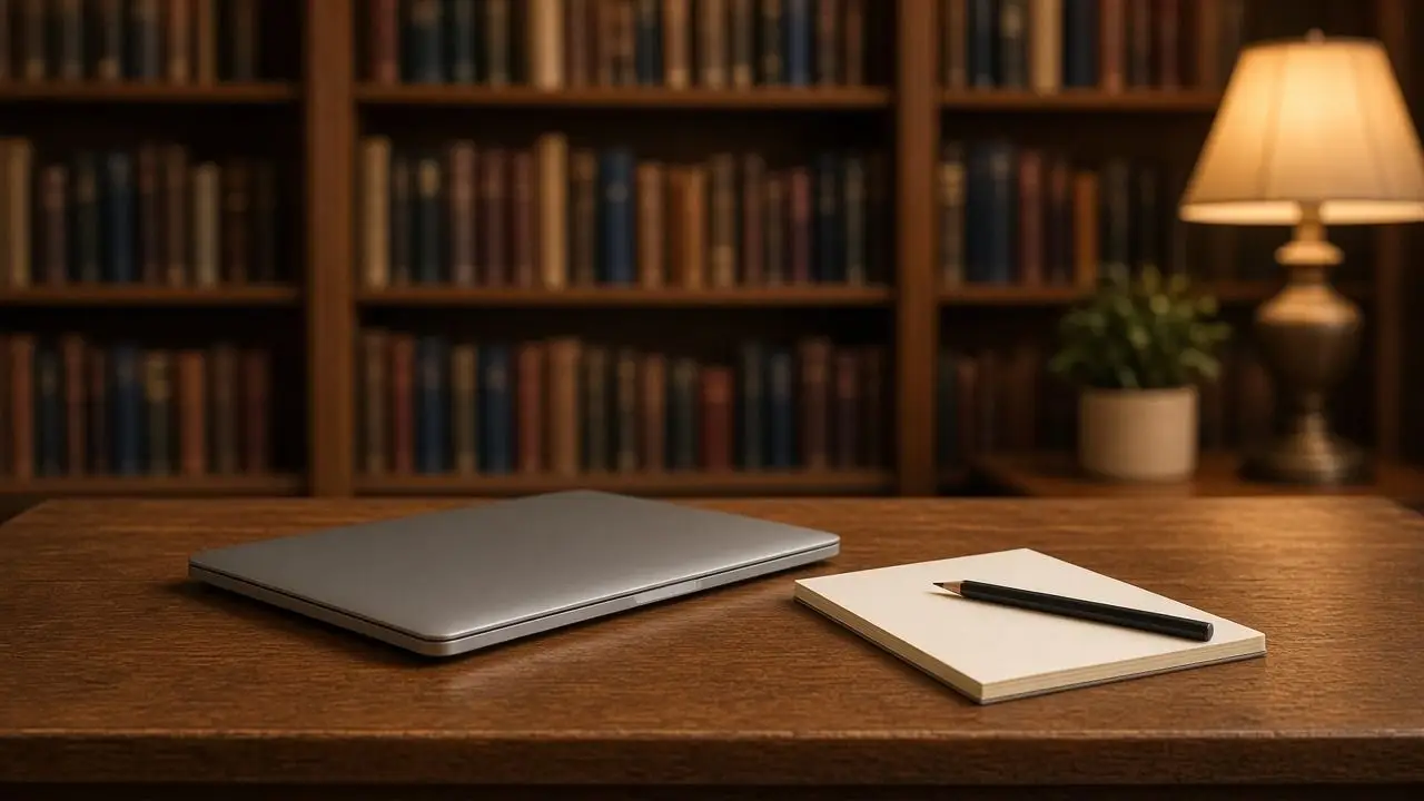 A closed laptop and a blank notepad on a library table, with shelves soft in the background and no readable titles or people.