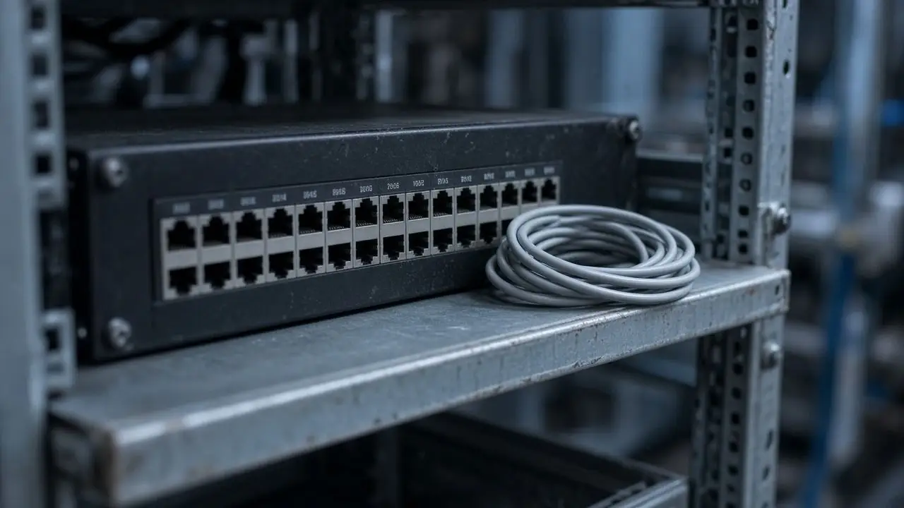 A patch panel with unused ports and a coil of unplugged network cable on a metal shelf, and no readable port labels or people.