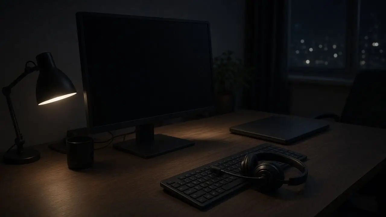 A dim operations desk with a blank monitor, a closed laptop, and a headset on the keyboard, and no people or readable text.