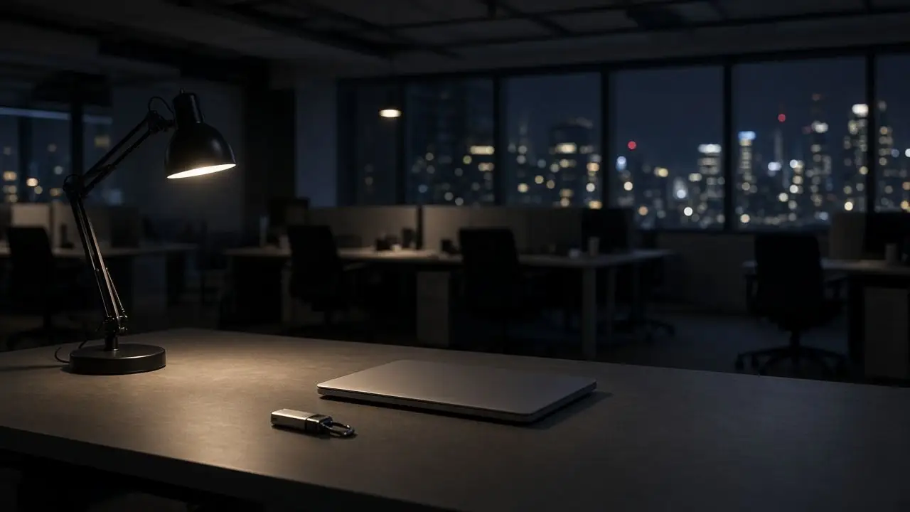 A dark, empty office at night with a desk lamp, a closed laptop and a hardware security key, with no people or readable screens.