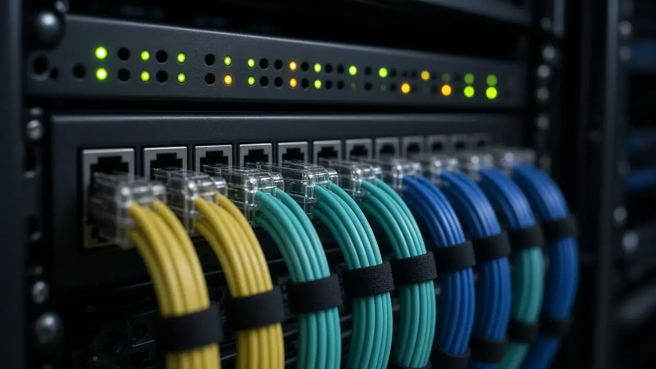 Bundled network cables plugged into a patch panel with glowing indicator lights, with no people, logos, or readable labels.