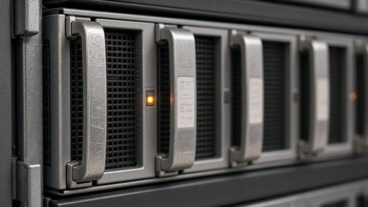 A close photograph of unlabeled server drive bays and a status LED, with no readable asset tags and no people.