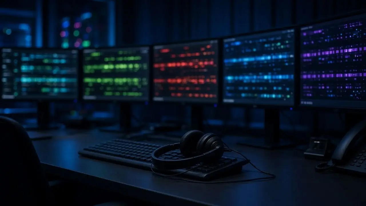 An empty operations desk at night with a headset, a dark keyboard, and monitors showing only blurred status lights.