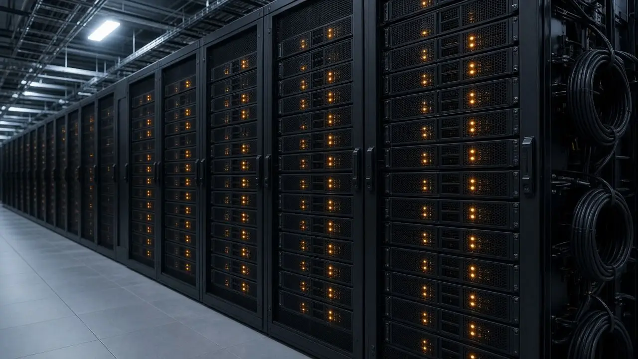 An empty GPU server row with amber status lights and coiled power cables, photographed down the aisle with no people and no logos.