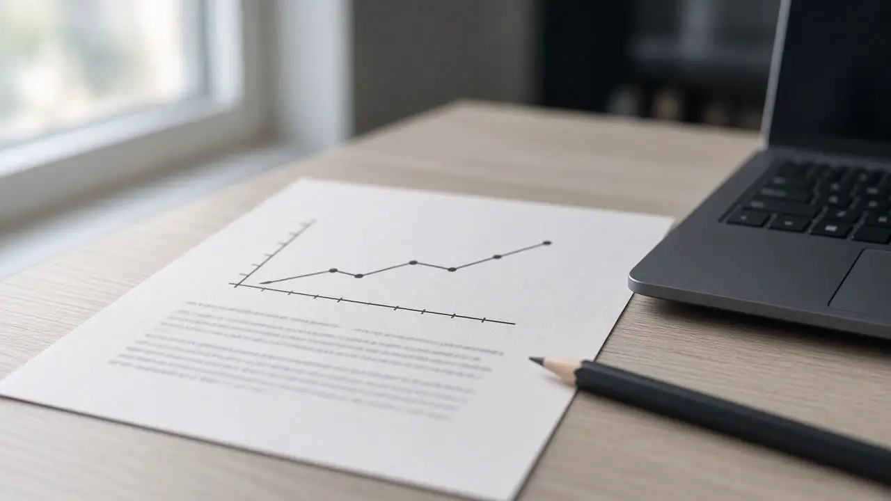 A printed notebook page with a blurred line chart and a pencil, on a desk beside a dark laptop, with no readable words.