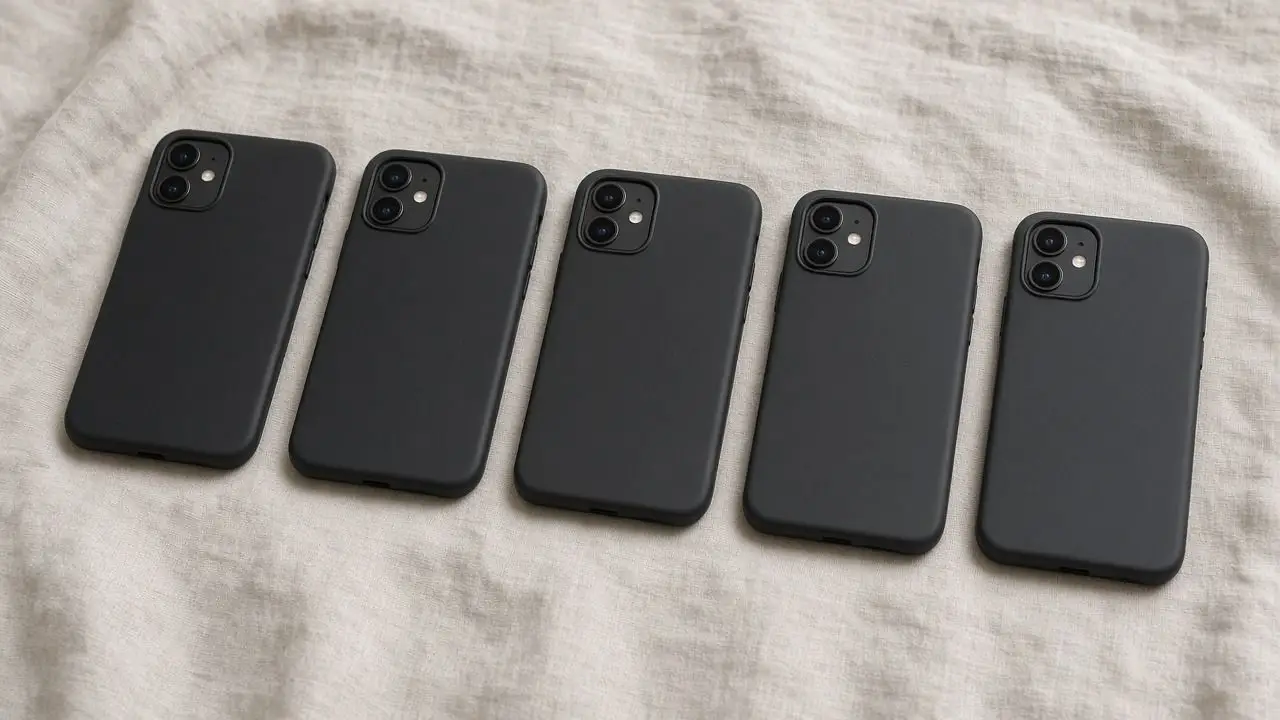 A row of phones face-down on a linen cloth, screens dark, with no logos, people, or readable cases.