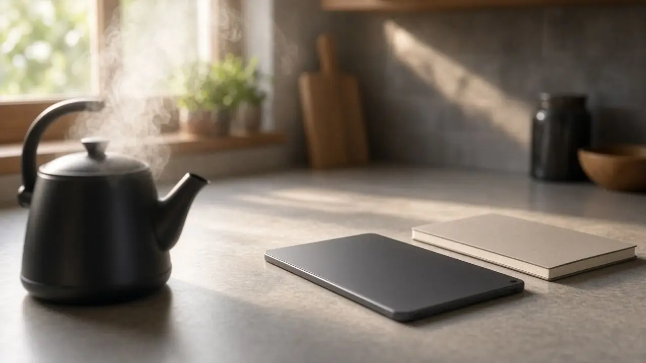 An empty kitchen counter at morning with a tablet lying screen-down and a closed notebook, and no people, logos, or readable covers.