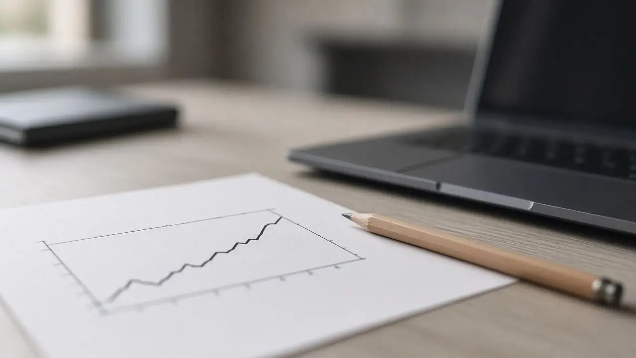A printed page with a line chart thrown out of focus so no numbers or words can be read, beside a pencil and a dark laptop.