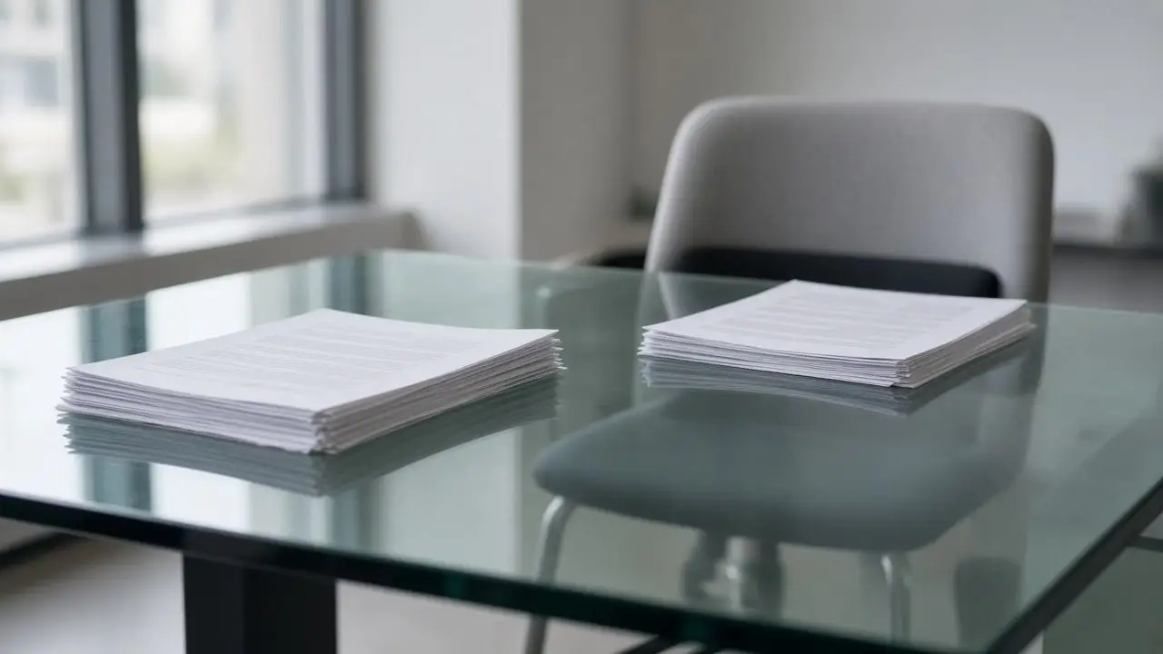 Two stacks of plain printed reports on a glass table, pages out of focus, with an empty chair and no logos or people.