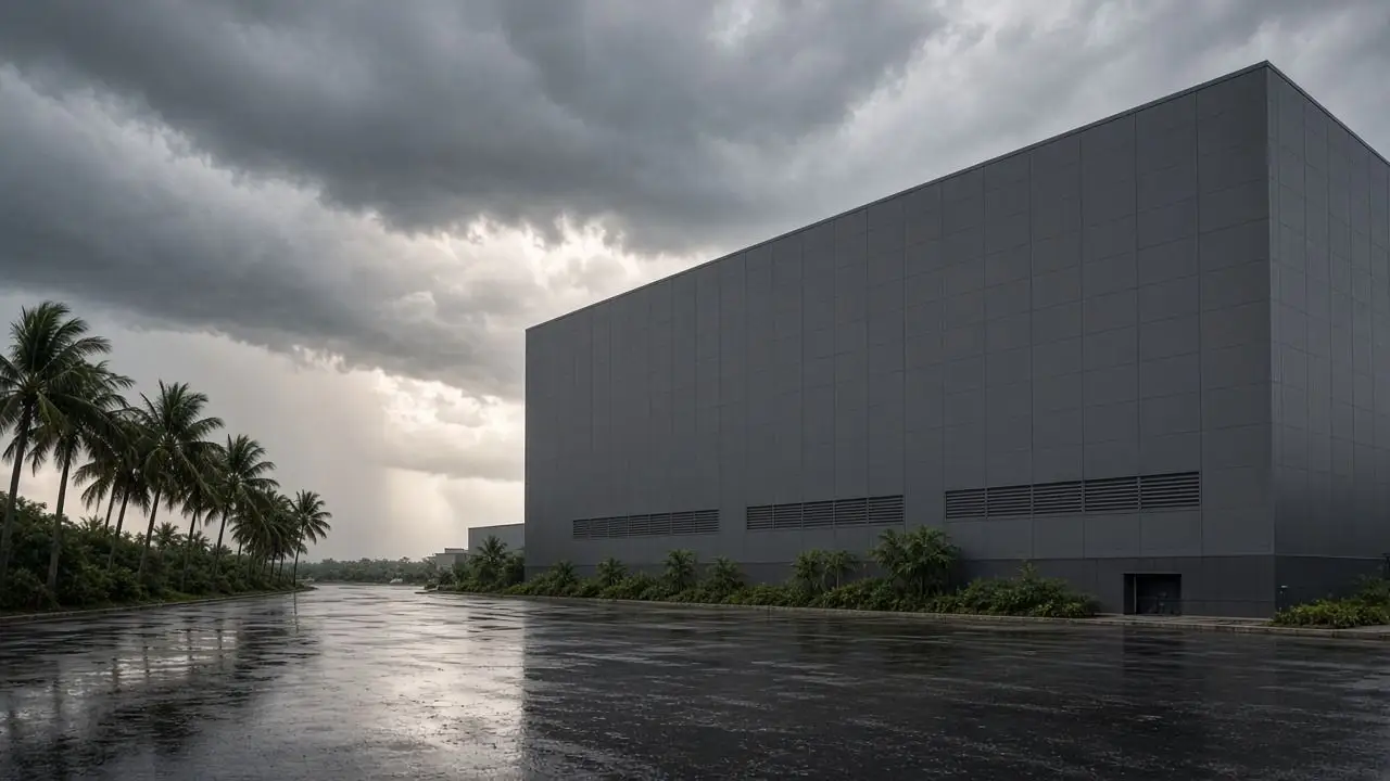 A large windowless data center building beside palm trees under rain clouds on wet tarmac, with no people or signage.