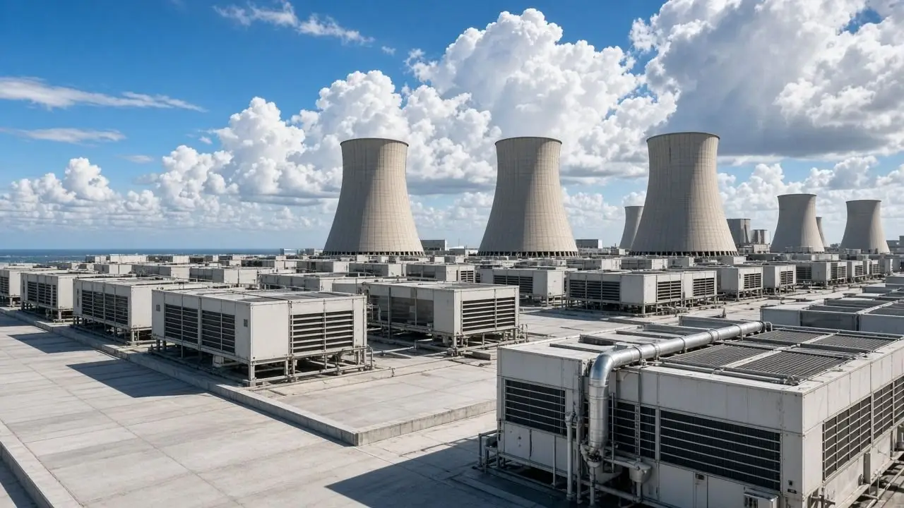 Rows of cooling towers and chiller units on a rooftop under a bright tropical sky, with no people or readable text.