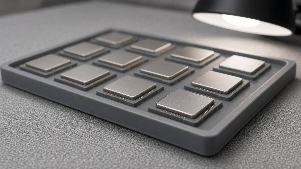 A tray of unmarked processor packages on an antistatic mat, labels turned away, with no logos or readable part numbers.