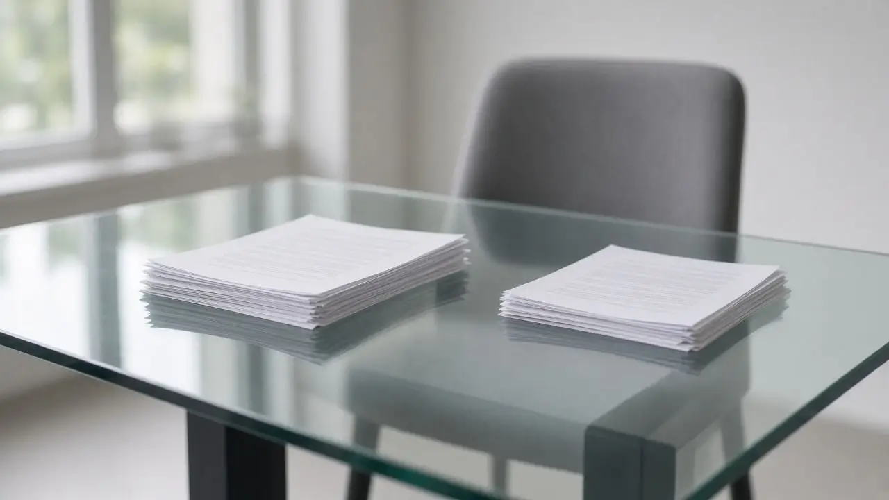 Two stacks of plain printed documents on a glass table, pages out of focus, with an empty chair and no logos or people.