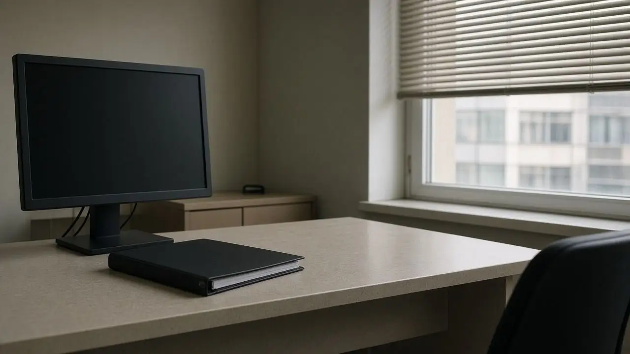 An empty office with a dark monitor and a closed binder, the window blind half down, and no people, seals, flags, or readable screens.