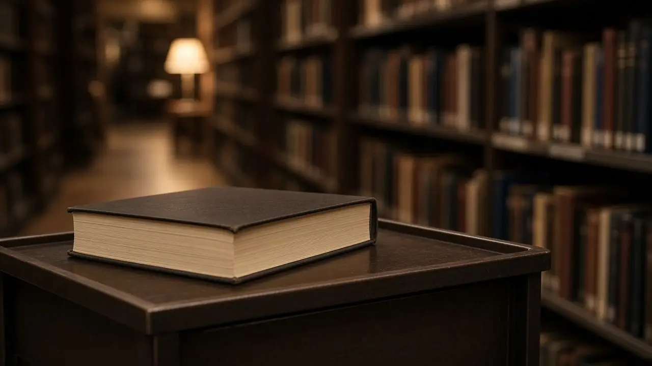 A thick closed volume on a library cart, the spine turned away, in an empty aisle, with no readable titles, seals, or people.