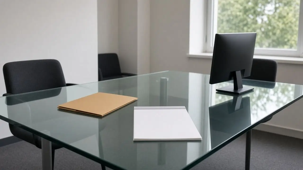 A glass conference table with a closed folder, a blank legal pad, and a dark monitor, and no people or logos.