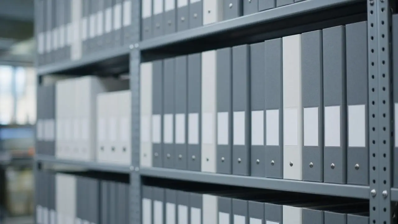 Rows of empty binder shelves in a records room, photographed so the spine labels are out of focus.