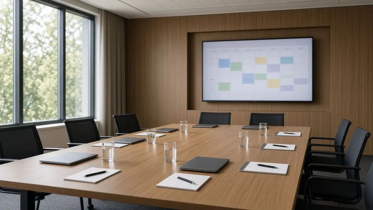 A conference table with laptops closed, notepads, and a wall screen showing a blurred calendar, and no people in the room.