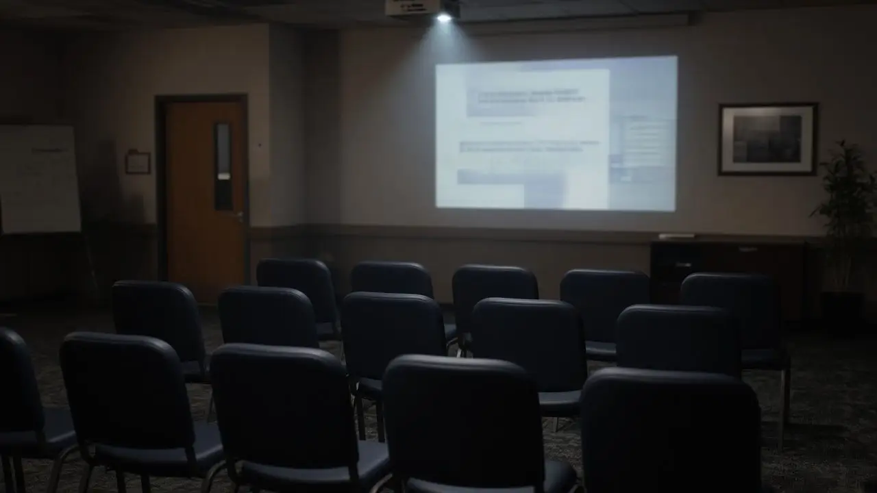 A training room with empty chairs facing a projector that shows an out-of-focus slide, shot from the back of the room.