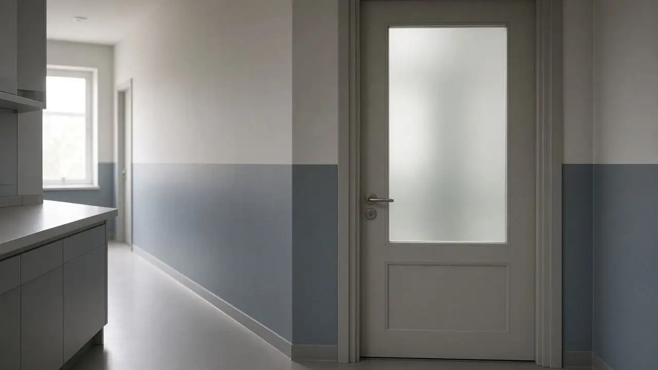 A closed laboratory door with a frosted pane, an empty bench, and no seals, flags, or readable signs.