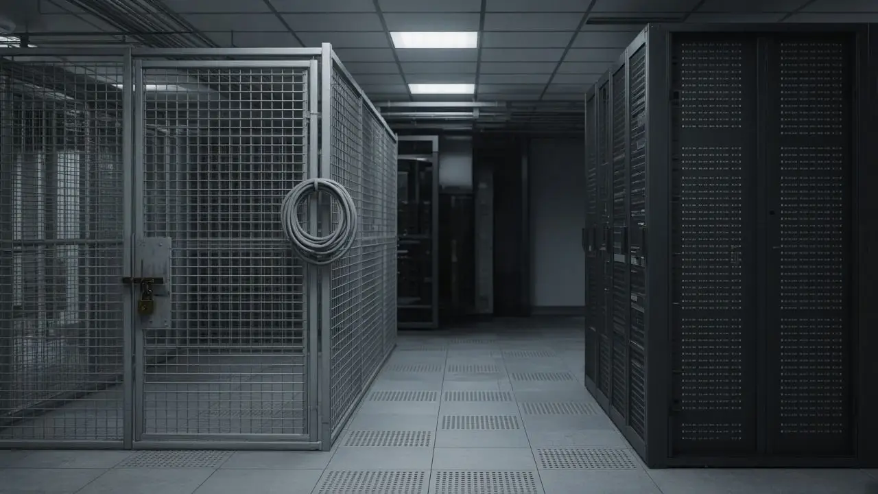 An empty office aisle with a locked equipment cage, coiled cable, and no people, logos, or readable rack labels.