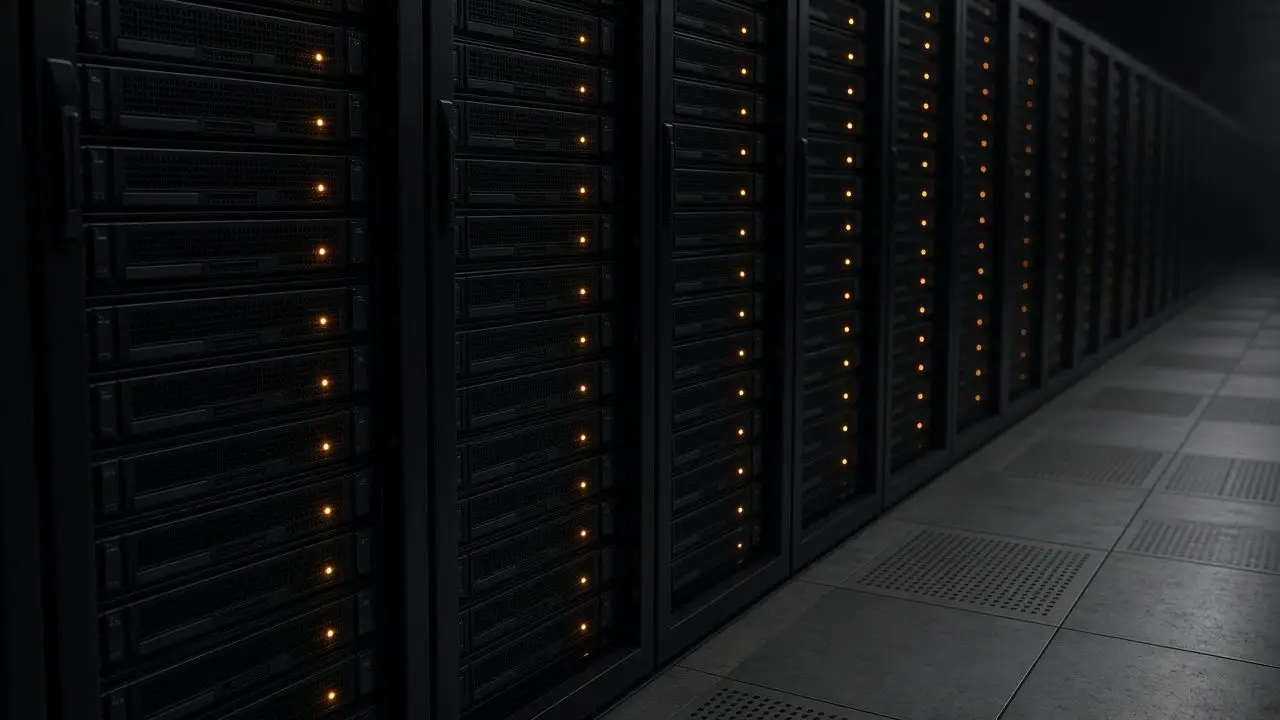 A rack of compact servers in a dim data hall, each with a small status light, and an empty aisle in front.
