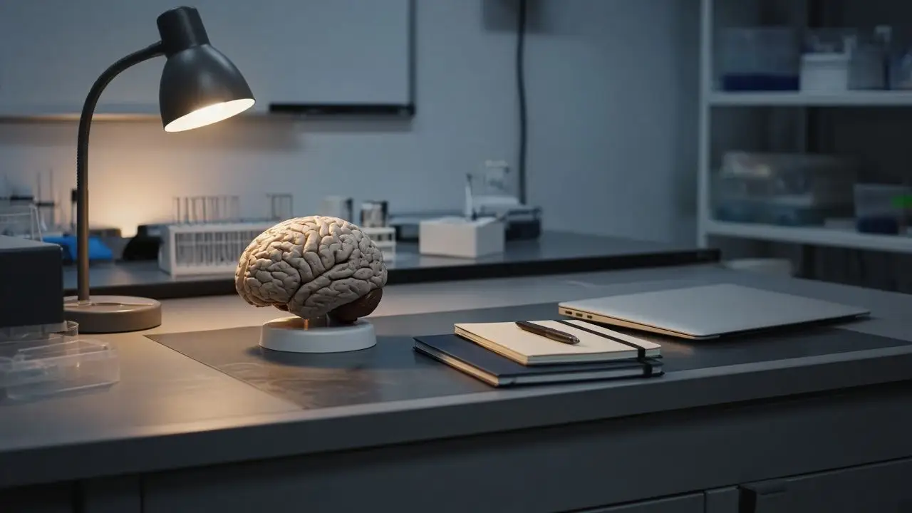 An empty neuroscience lab bench with a model of a brain under a lamp, a closed laptop, and no people.