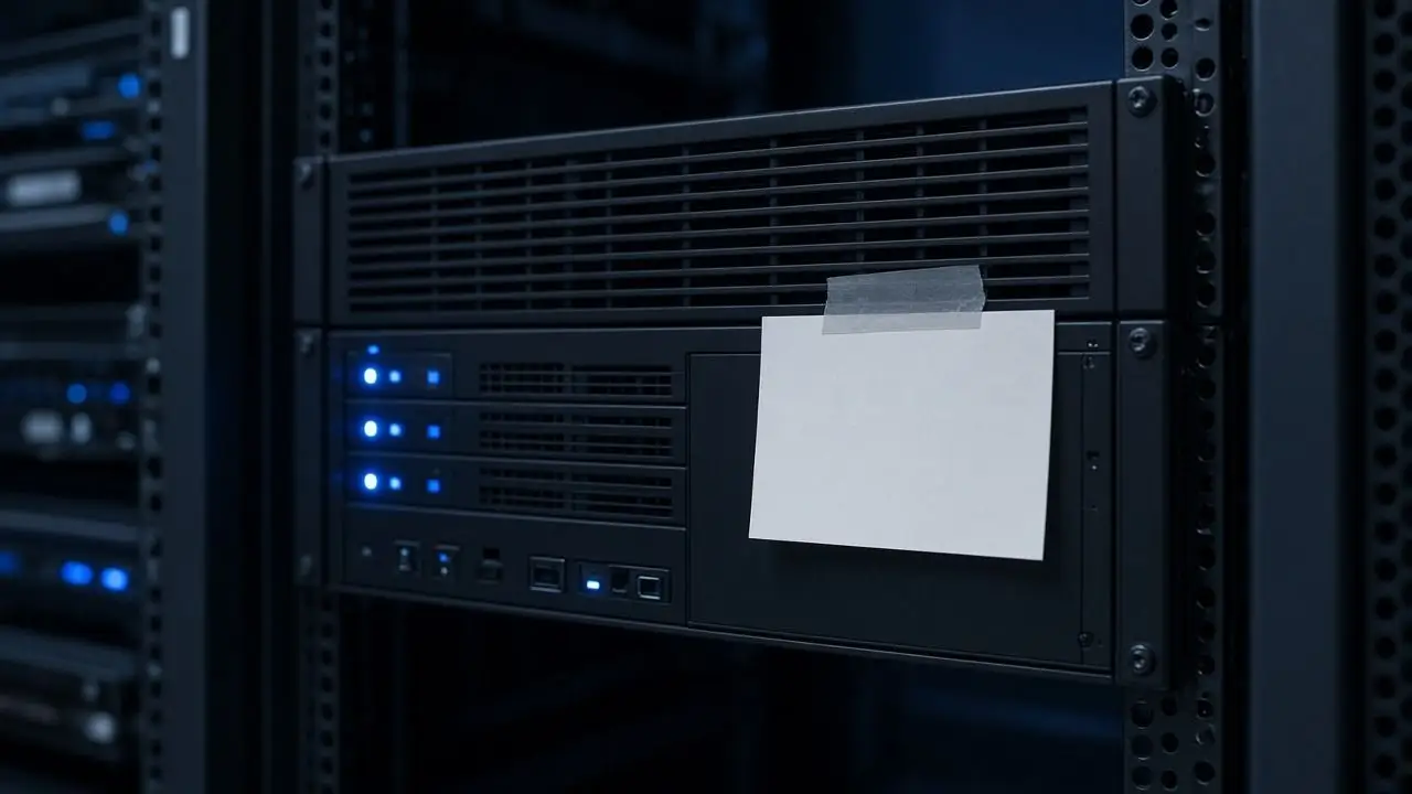 A rack-mounted server in a dim data centre with blue status lights and a blank paper note taped to its front, with no people, logos, or readable text.