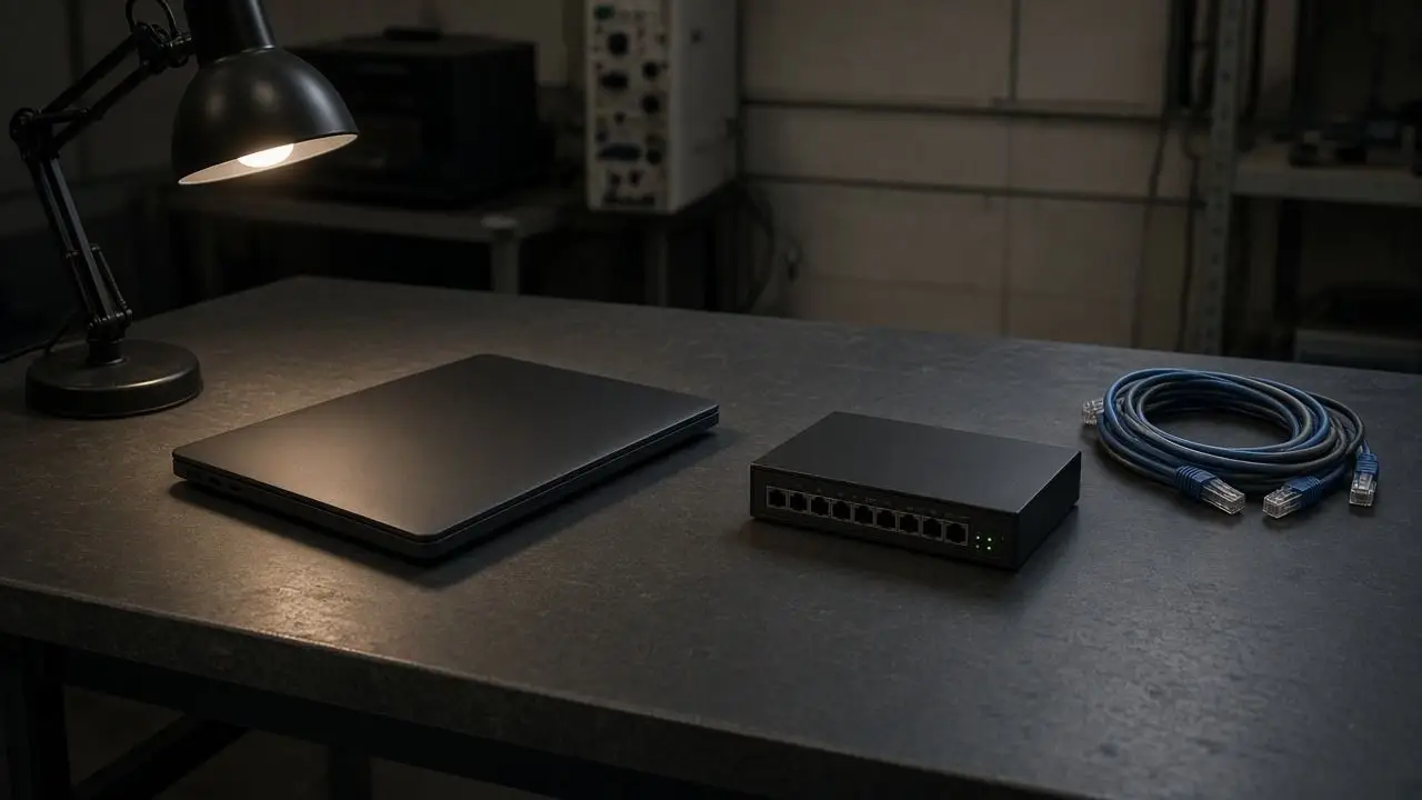 An empty network-test bench with a dark laptop, a small switch, and patch cables, and no people or readable screens.