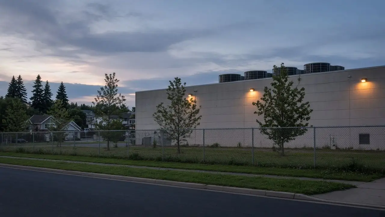 An empty suburban street at dusk with a low, windowless data-center building behind a chain-link fence and trees.
