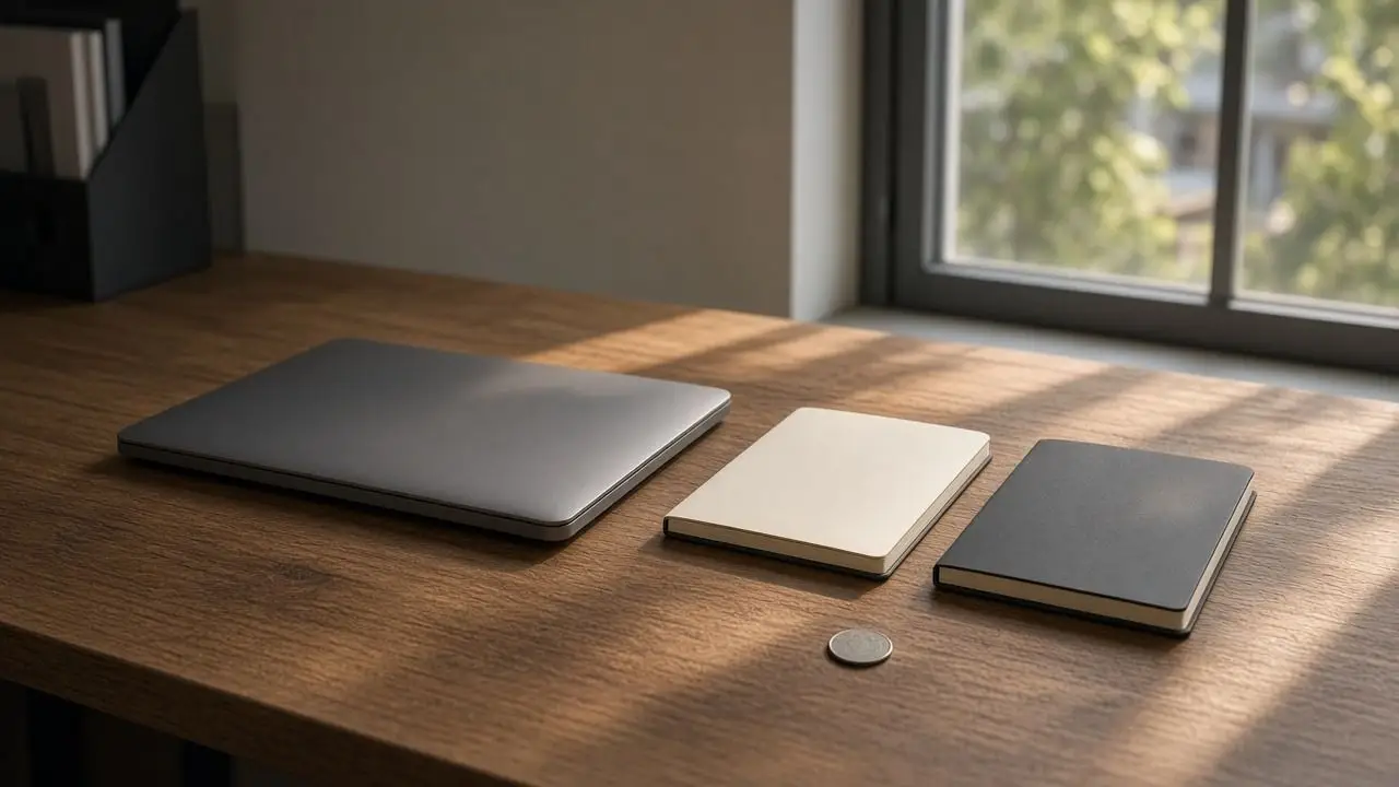 An empty office desk with a closed laptop, two blank notebooks side by side, and a coin, and no people, logos, or readable pages.