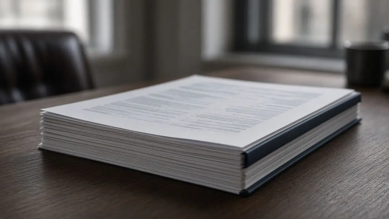 A thick bound document resting on a dark wooden table in soft window light, with no readable text, people, or logos.