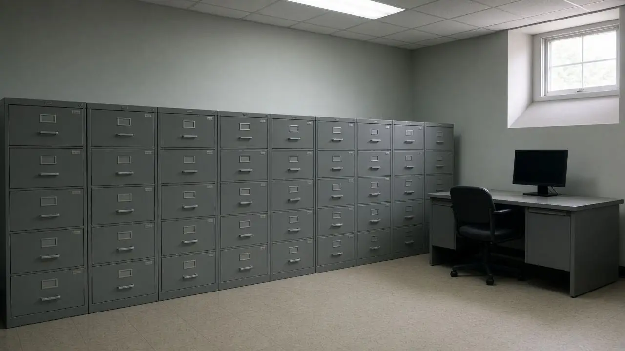 An empty records room with closed file drawers, a dark monitor, and no people, seals, flags, or readable labels.