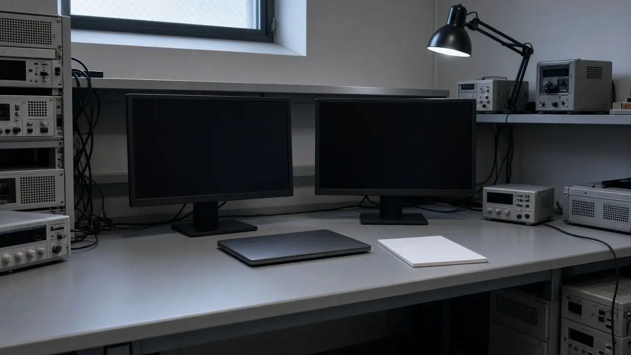 An empty lab bench with two dark monitors, a closed laptop, and a blank notepad, and no people, logos, or readable screens.