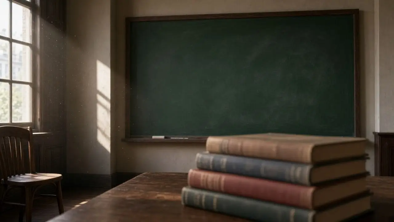 An empty reading room with a wiped chalkboard, closed books stacked spine-out of focus, and no people, logos, or readable titles.