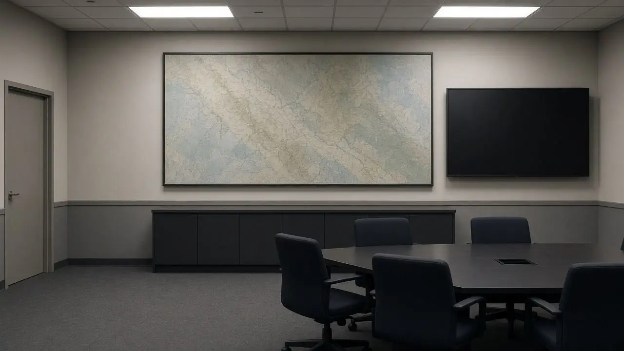 An empty briefing room with a blank wall map, a dark monitor, and chairs, and no people, seals, flags, or readable labels.