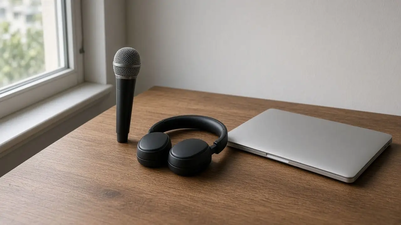 A wooden desk with a microphone, closed headphones, and a shut laptop, and no people, logos, or readable screens.