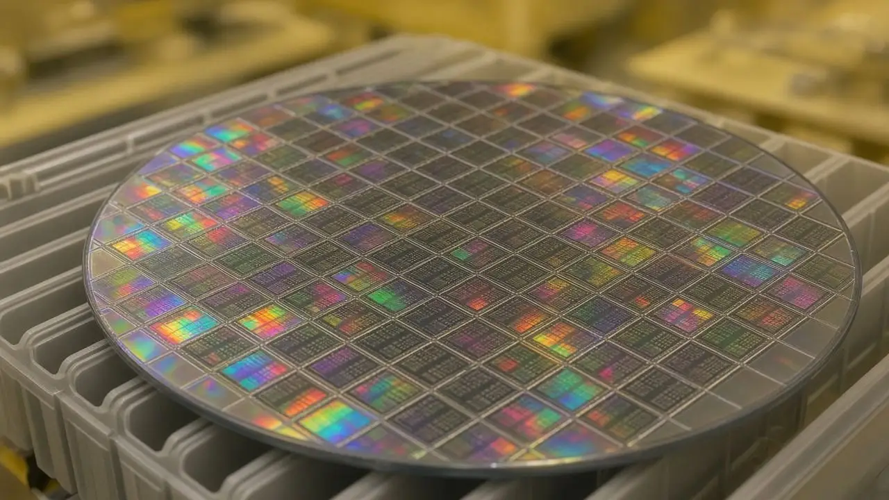 A silicon wafer with iridescent chip dies resting in a carrier in a cleanroom, with no people, logos, or readable text.