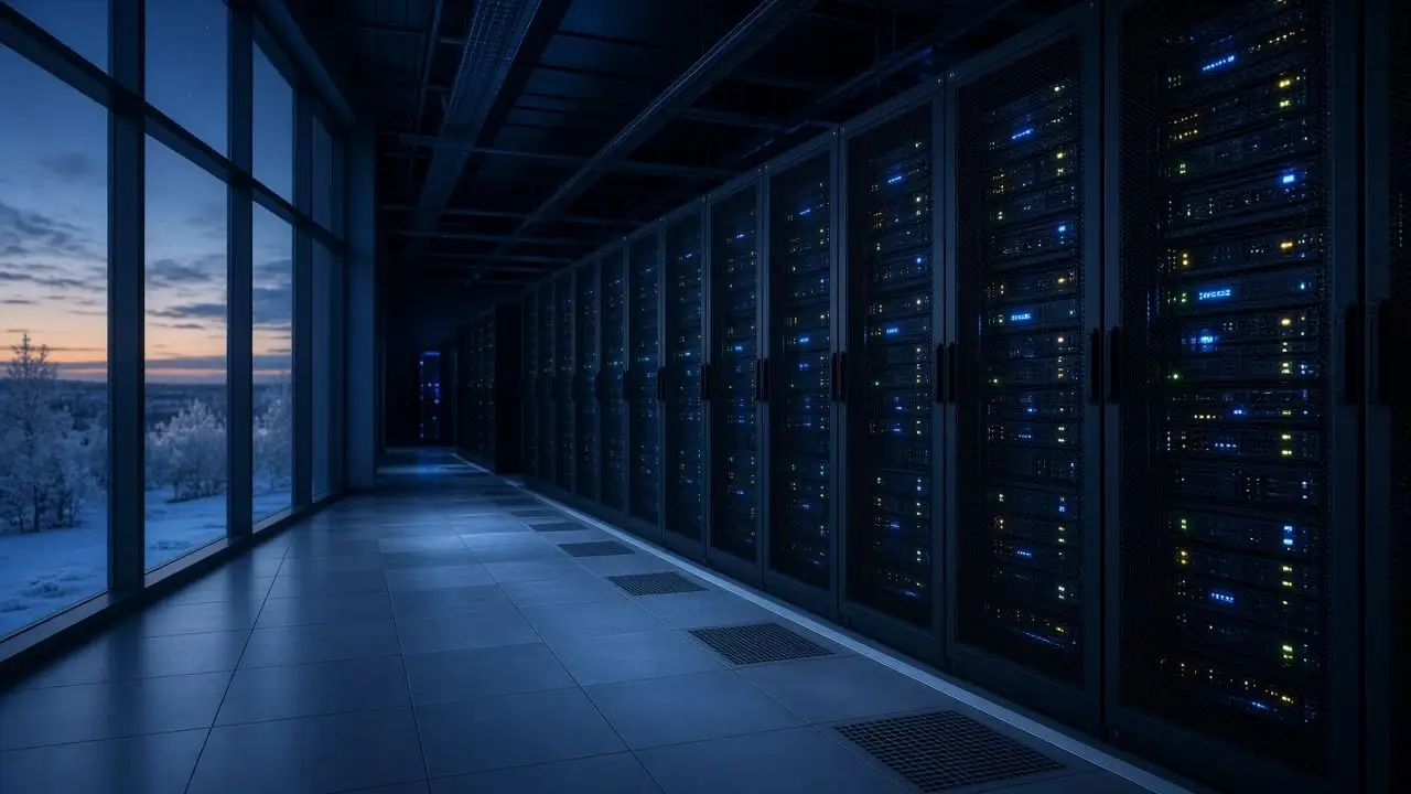 A long data-centre hall of server racks beside tall windows looking out on snow-covered trees at dusk, with no people, flags, logos, or readable labels.