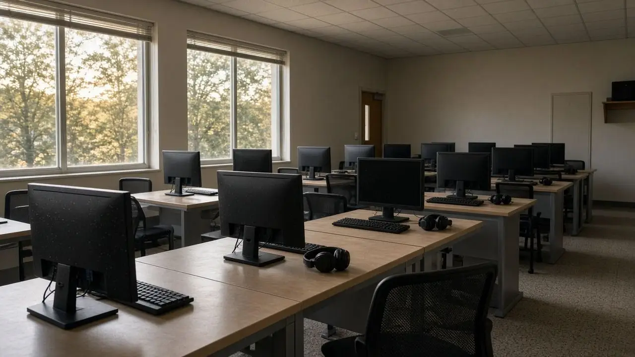 An empty vocational classroom with dark monitors, headsets on a table, and no people, signs, or flags.