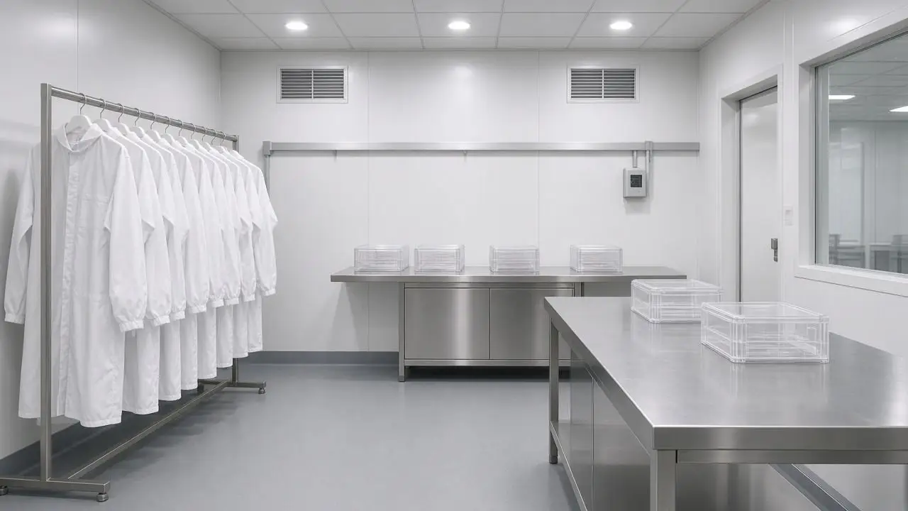 A cleanroom gown rack and an empty semiconductor workbench with wafer cassettes, and no people, logos, or readable labels.