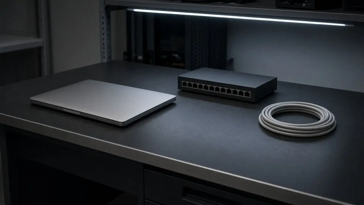 An empty lab bench with a closed laptop, a dark network switch, and coiled cable, and no people, logos, or readable screens.